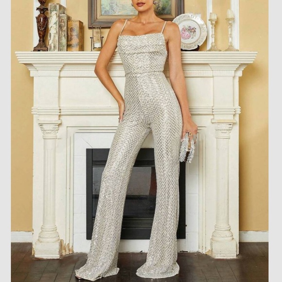 Luxe silver sequins  cami jumpsuit - Picture 5 of 7